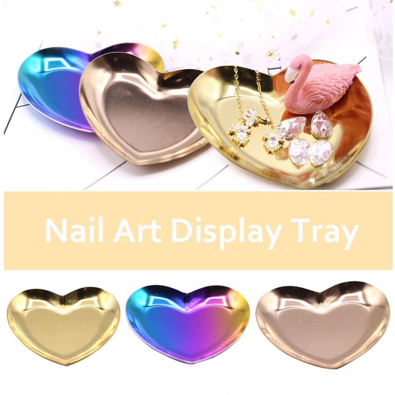 1Pc Metal Storage Tray Rose Gold Gradient Jewelry Rhinestone Nail Art Tips Plate Heart Display  Manicure Salon Tools