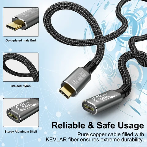 Удлинительный кабель USB C 4 8K при 60 Гц UHD Video 40G 240 Вт с удлинителем кабеля Thunderbolt «папа-мама» типа C