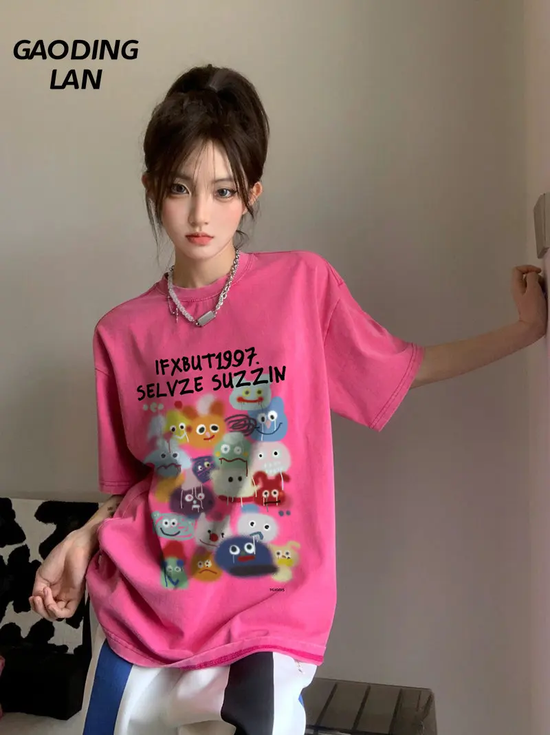 

Gaodinglan Summer Women Pure Cotton Short Sleeve Tops Harajuku Print Tops Casual Large Size Loose Cartoon Round Neck Tees Shirt