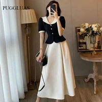 summer elegant two piece women skirt sets retro office lady outifits puff sleeve topa line skirts korean fashion hepburn suit