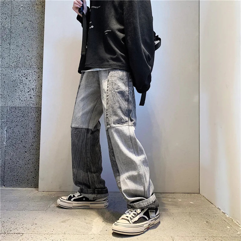 2022 New Autumn Loose Straight-leg Jeans Paneled Denim Trousers Male Korean Style Fashion Men's Denim Splicing Wide-leg Pants