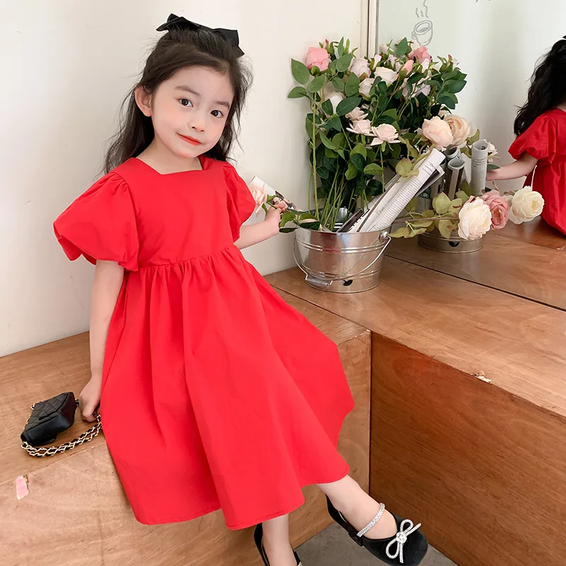 

MILA CHOU 2022 Summer Baby Girls Cute Puff Sleeves Red Dress Children Lacing Princess Dress Kids Clothes