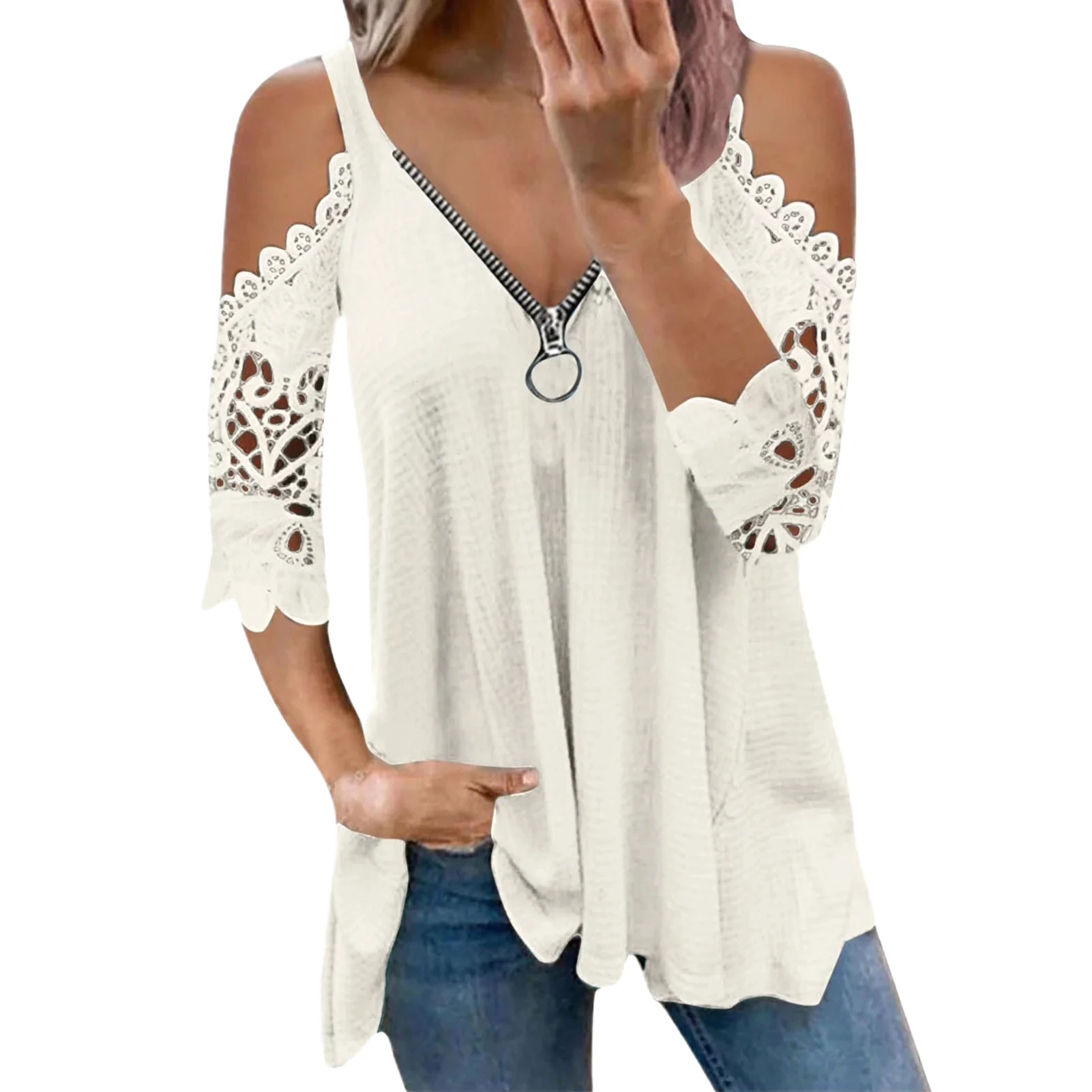 

For Summer Breathable Fashionable Halter Zipper Casual 3/4 Sleeve Lace Edge White V Neck Soft Sexy Off The Shoulder Women Blouse
