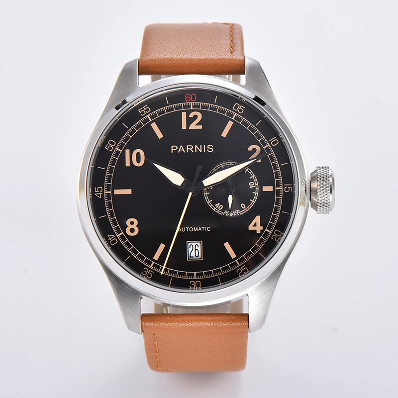 

New Arrival Parnis 48mm Black Dial Men Watch Automatic Mechanical Brown Leather Strap Calendar Power Reserve Mens Watches 2022
