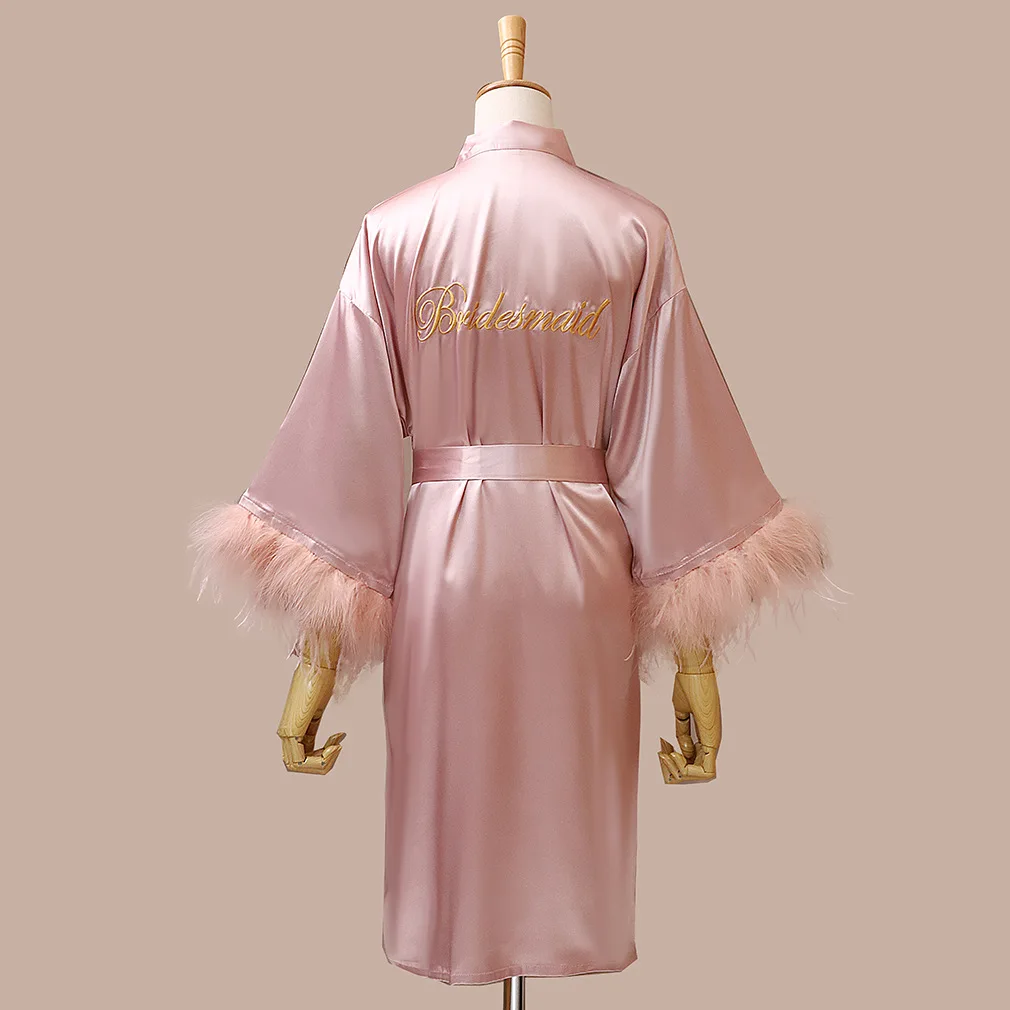 Wedding Party Gift Bridesmaid Robe Gift Women Feather Silk Robe Sleepwear Pink Color Long Pajamas Robe For Bridesmaid