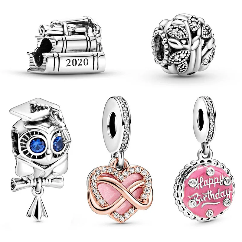 

New Original 100% 925 Sterling Silver pandora Openwork Family Tree Charm Pink Birthday Cake Dangle Charm 2020 Graduation Books