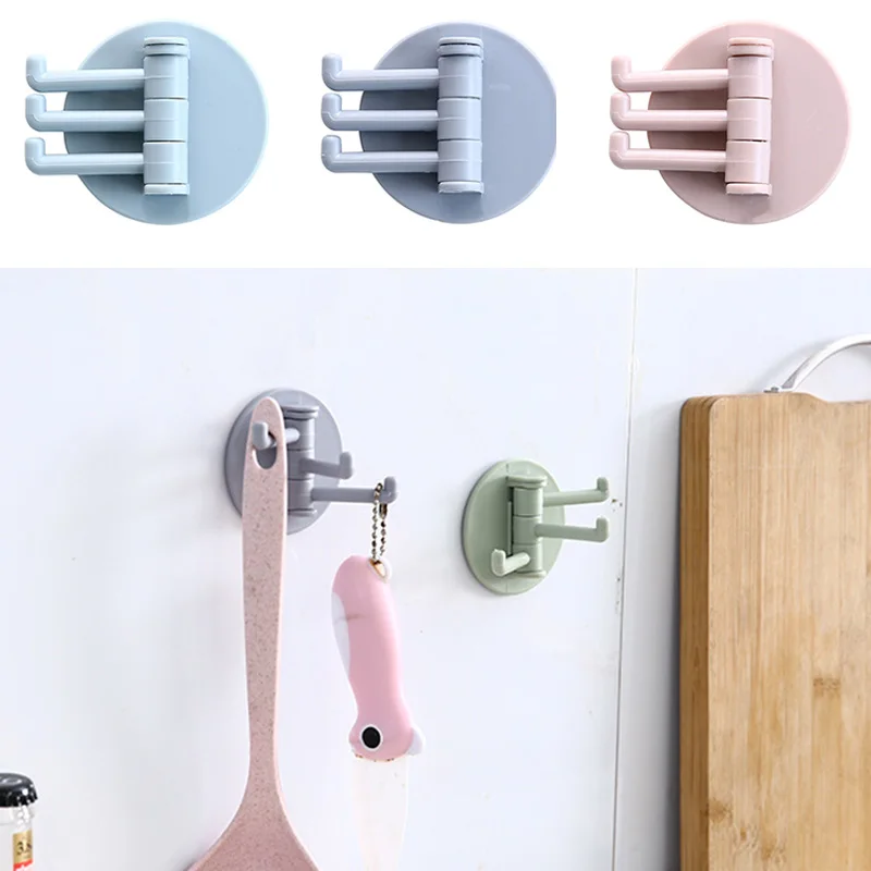 

3-Color Rotatable Self Adhesive ABS Hook Punch-Free Wall Door Clothing Hanging Holder kitchen Bathroom Storage Sticky Rack