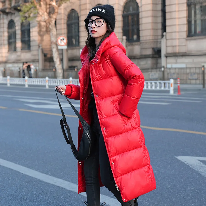 Parkas Women Loose Hooded below-the-Knee Long Glossy Disposable Padded down Jacket Women Winter Coat Women