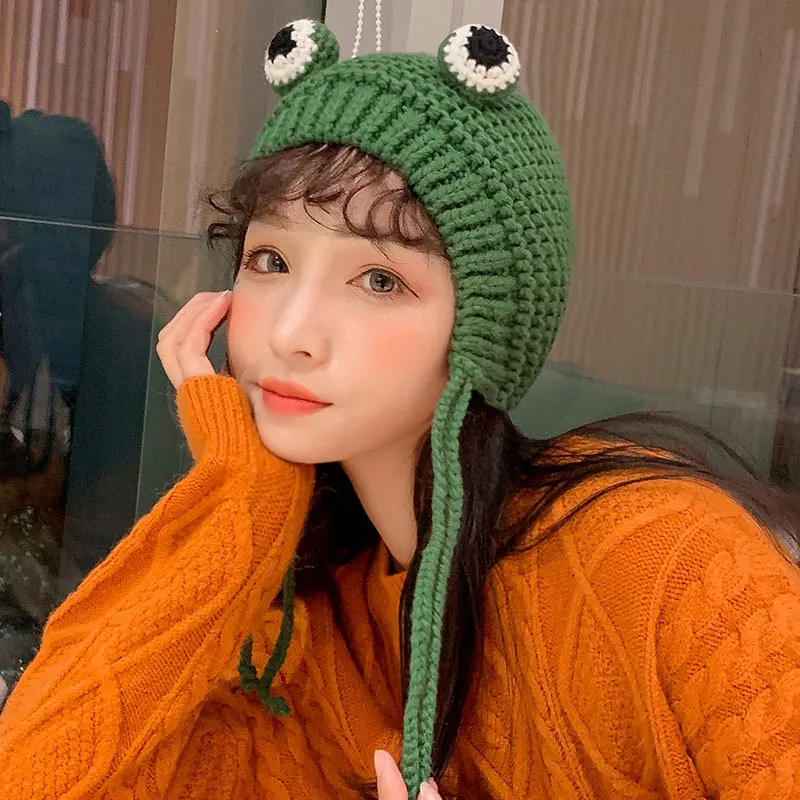 

Big Eyed Frog Ear Cap Autumn and Winter Cute Cartoon Knitted Ins Wind Wool Warming Earmuff Headgear Women's Hat