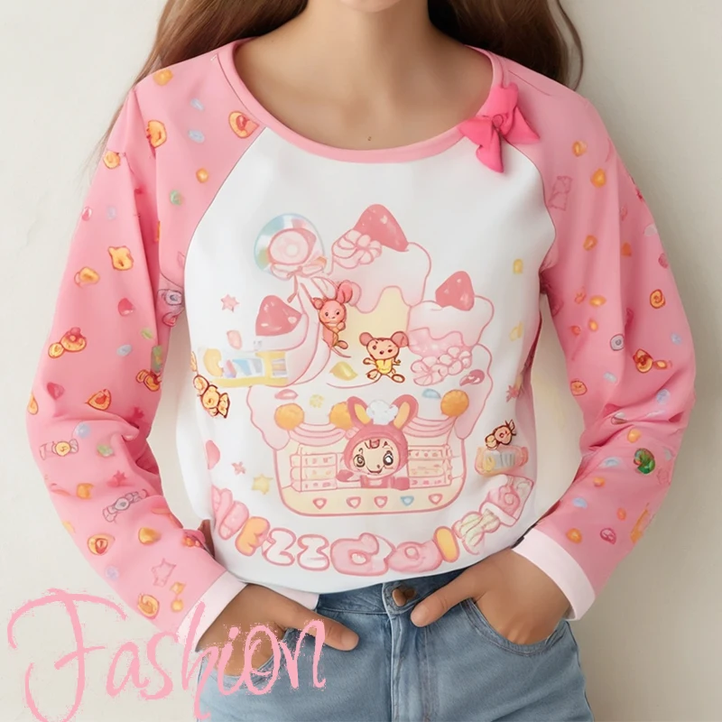 Японская субкультура милая футболка с мультяшным принтом осенняя новая бантом и