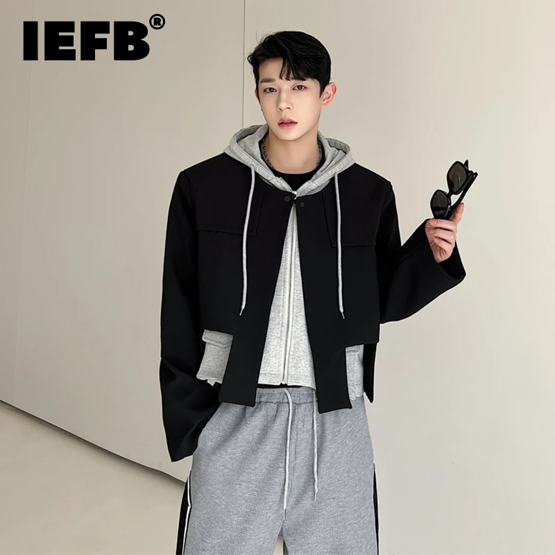 

IEFB Men Hooded Sweatshirt Korean Style Niche Hoodies Black Gray Spliced Fake Two Piece Jacket Coat Fashion Autumn Winter 9C1604