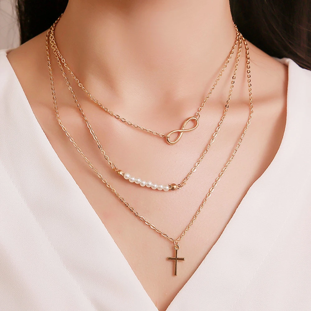 

Female Necklace Multi Layered Pearl Cross Number Eight Pendant Vintage Multi-element Gold Color Clavicle Chain Clothes Jewelry
