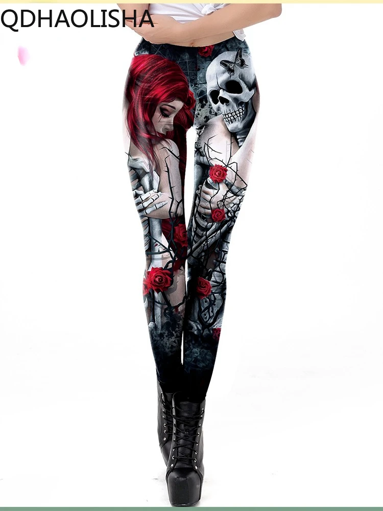 

New Women Legging Sexy Vintage Rose Beauty and Skull Beast 3D Print Seam Line Halloween Cosplay Hip-lifting Tight Skinny Legging