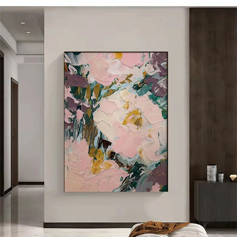 

Hot Sale Large Size Handmade Knifework Texture Flower Canvas Abstract Oil Painting Modern Fashion Home Decoration Art Wall Frame