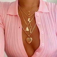 maple leaves egyptian pharaoh pyramid love pendant necklaces for women multi layer metal sequin neck chain boho jewelry colar