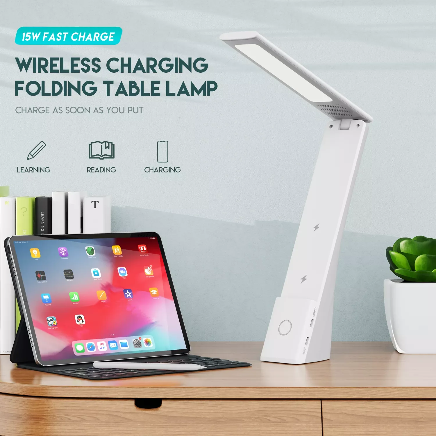 

Светодиодная настольная лампа 3 в 1, многофункциональный светильник для чтения с 3 программируемыми уровнями и быстрой беспроводной зарядко...