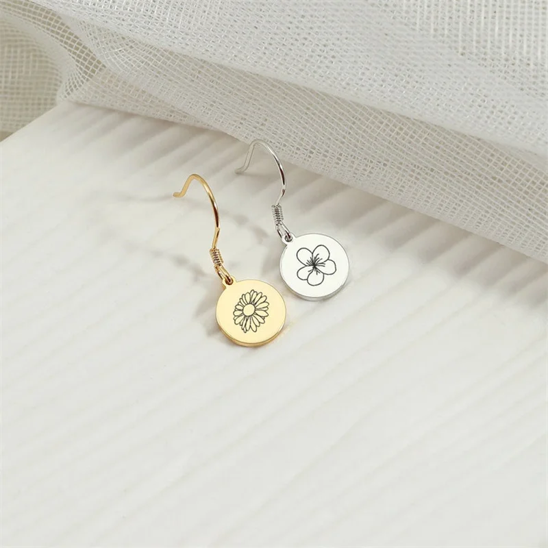 Customized Earring for Women Personalised Engraving Birthday Flower Stainless Steel Round Earring Jewelry Gifts Pendientes Mujer