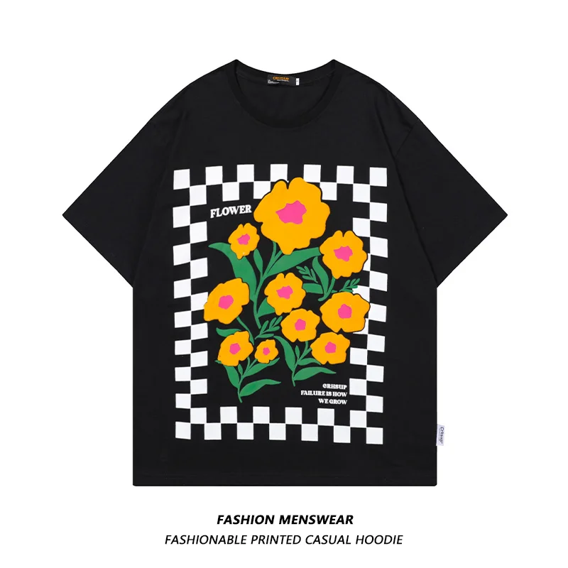 

2022 Summer New American Plaid Flower Print Men's and Women's Oversize Casual T-shirt