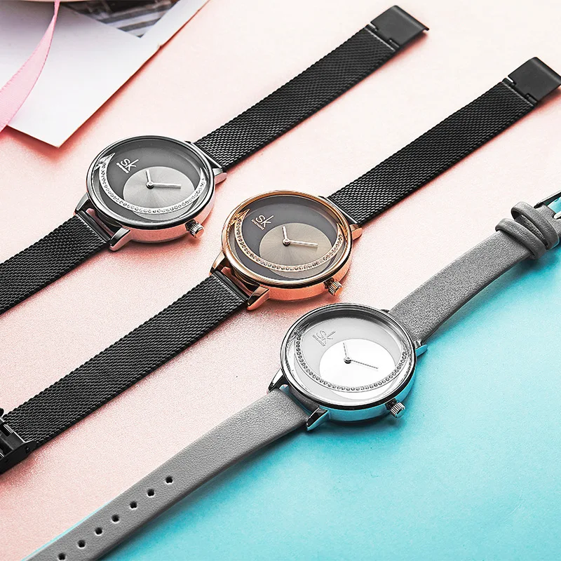 SK Rhinestone Waterproof Women's Watch Sun Pattern Rose Gold Watch Mesh Belt Belt Women's Watch