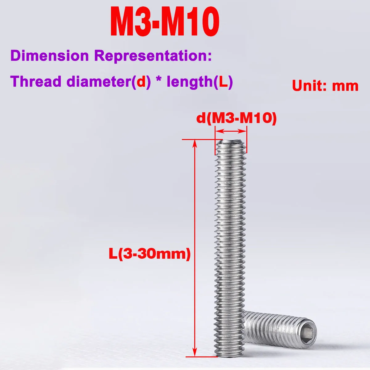 

316 Stainless Steel Concave End Set Screw, Hexagon Socket Headless Screw M3-M10