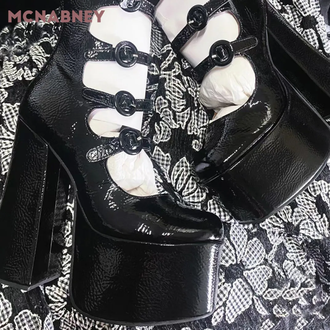 Black Patent Leather Mary Jane Shoes New Round Toe Super High Thick Heel Thick Bottom Buckle Single Shoe Hollow Women's Shoes