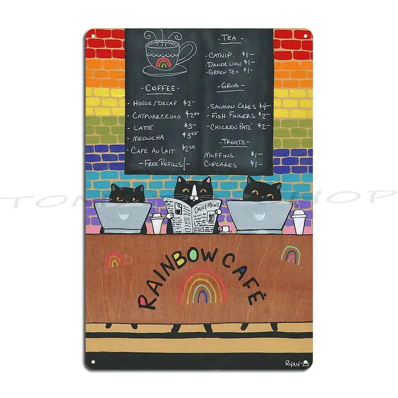 Фото Металлическая табличка-постер Caturday At The Rainbow Cafe, настенная роспись, винтажный дизайн, жестяная вывеска-постер №1