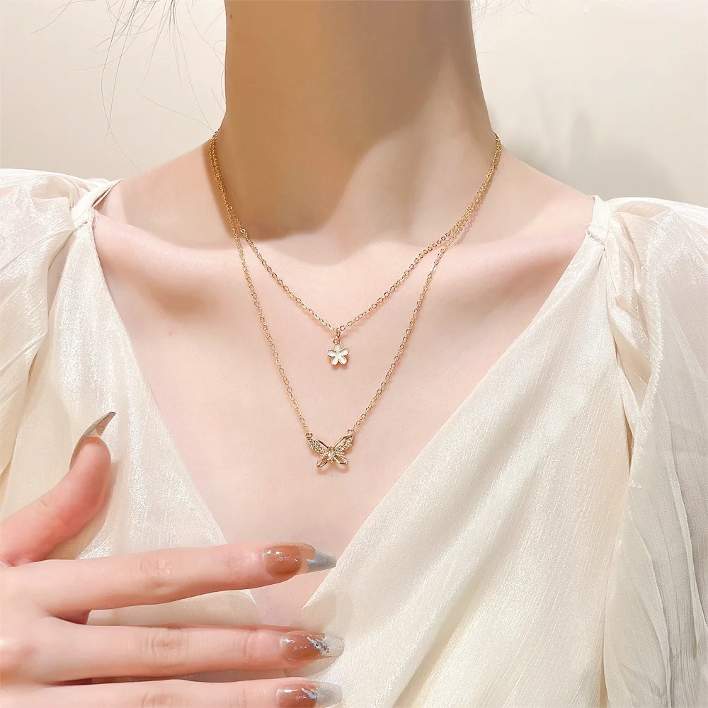 

New Arrival Luxury Copper Necklace Double Layer Zircon Flower Pendant Collarbone Butterfly Necklaces Women Wedding Jewelry
