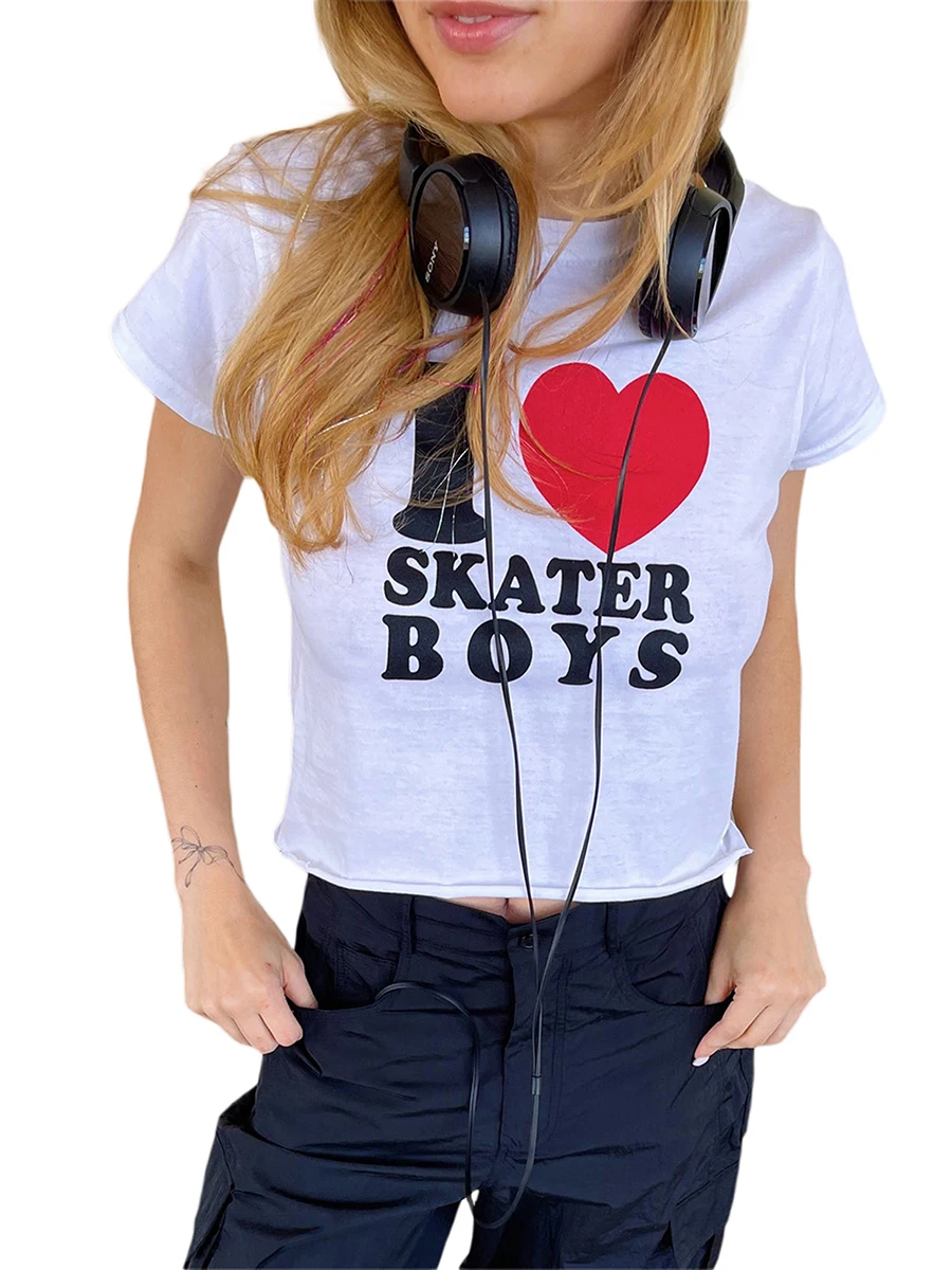 

Женский укороченный топ в стиле ретро с графическим принтом-футболки с коротким рукавом и круглым вырезом для лета Y2K, стиль E-Girl, гранж и 90-х