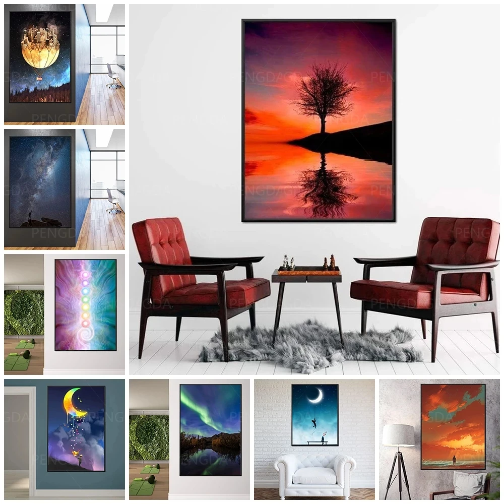 

Wall Artwork Modular Moon Reflection Poster Home Decor Lake Hd Print Pictures Scenery Canvas Painting For Living Room No Framed