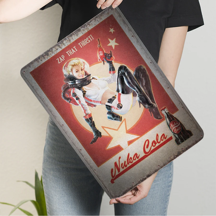 Фото Nuka Cola винтажная металлическая жестяная вывеска в стиле ретро, постер с космической тематикой для домашнего бара, гаража, декора, коллекционная настенная художественная вывеска Zap That Thirst №3