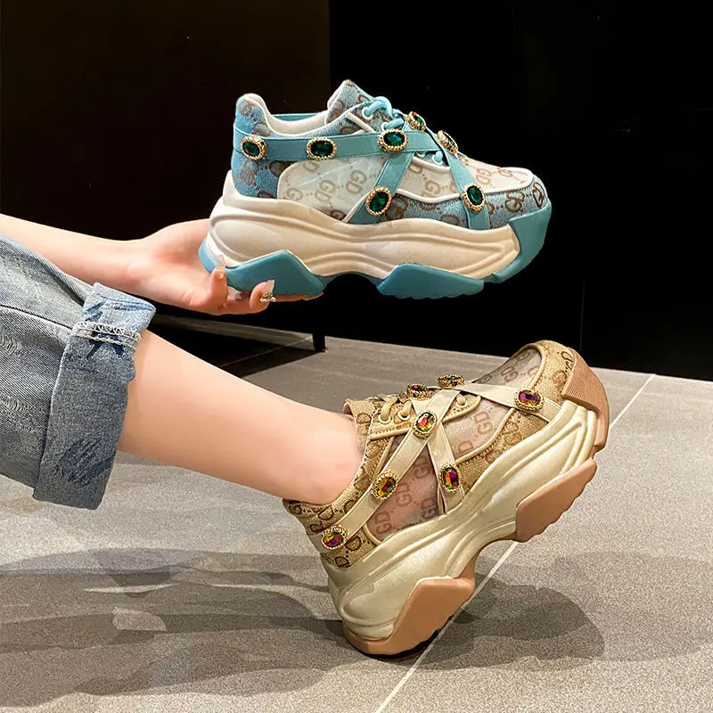 

Women's Breathable Mesh Shoes 2022 Summer Ins Thin Retro New Thick Bottom Sneakers Fashion Diamond Casual Sport Shoes