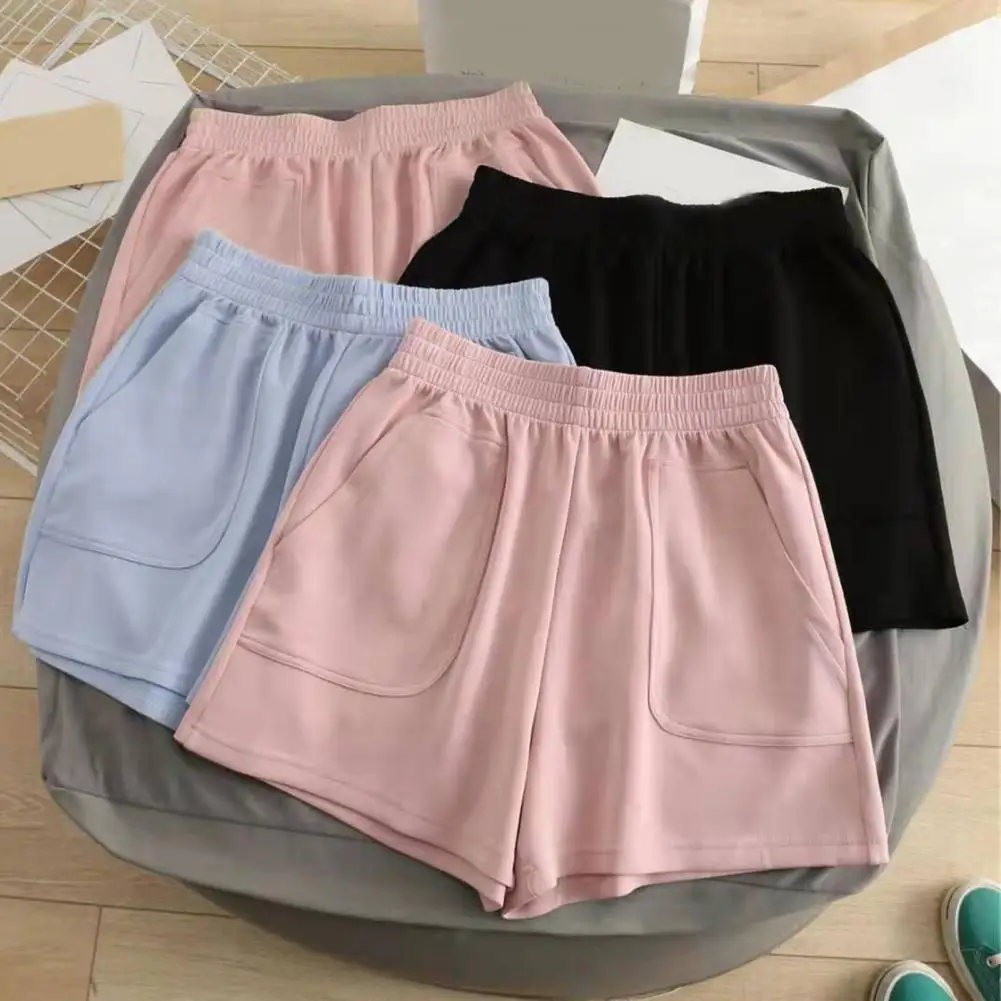 

Women Shorts High Waist Elastic Waistband Sport Shorts Solid Color Wide Leg Loose Short Female Clothing For Summer