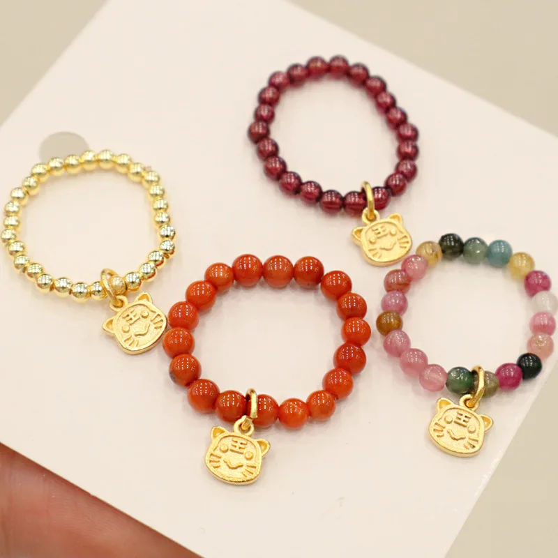 

2022 New Natural Tourmaline Jewelry Ring Multi Color Real Pearl Charm Elastic Stackable Adjustable Bead Rings