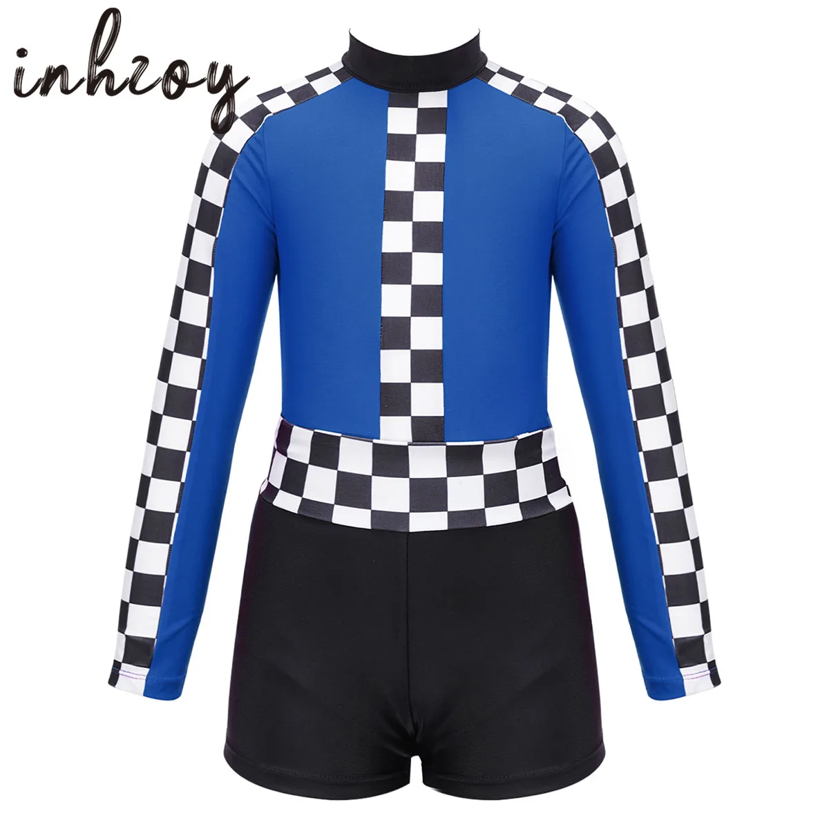 

Kids Racer Checkerboard Print 2pcs Ballet Leotard Set Girls Long Sleeve Gymnastics Bodysuit Jumpsuit with Shorts Sport Dance Set