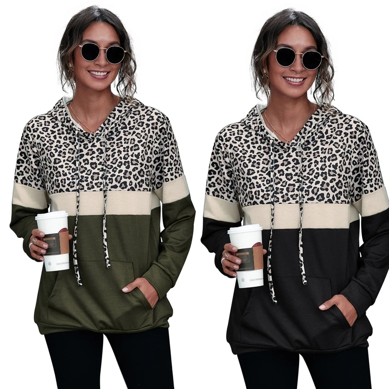 

Women Long Sleeve Drawstring Hoodies Leopard Print Colorblock Patchwork Sweatshirt Casual Loose Pullover Tunic Top with Kangaroo