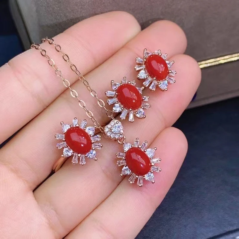 

MeiBaPJ Свадебные Ювелирные наборы из натурального красного кораллового драгоценного камня для женщин 925 дюйма кольцо с подвеской ожерелье