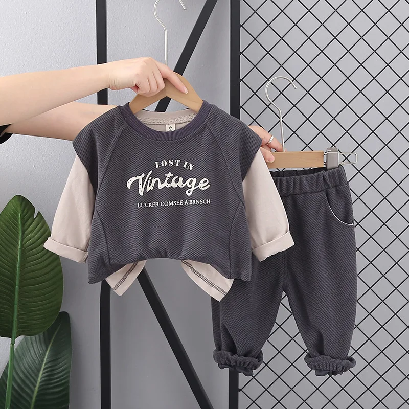 

Baby Boy Infant Autumn Clothes 2023 Korean Letter Printed Vest Solid Color Long Sleeve T-shirts Pants Childens Suits Kids Outfit