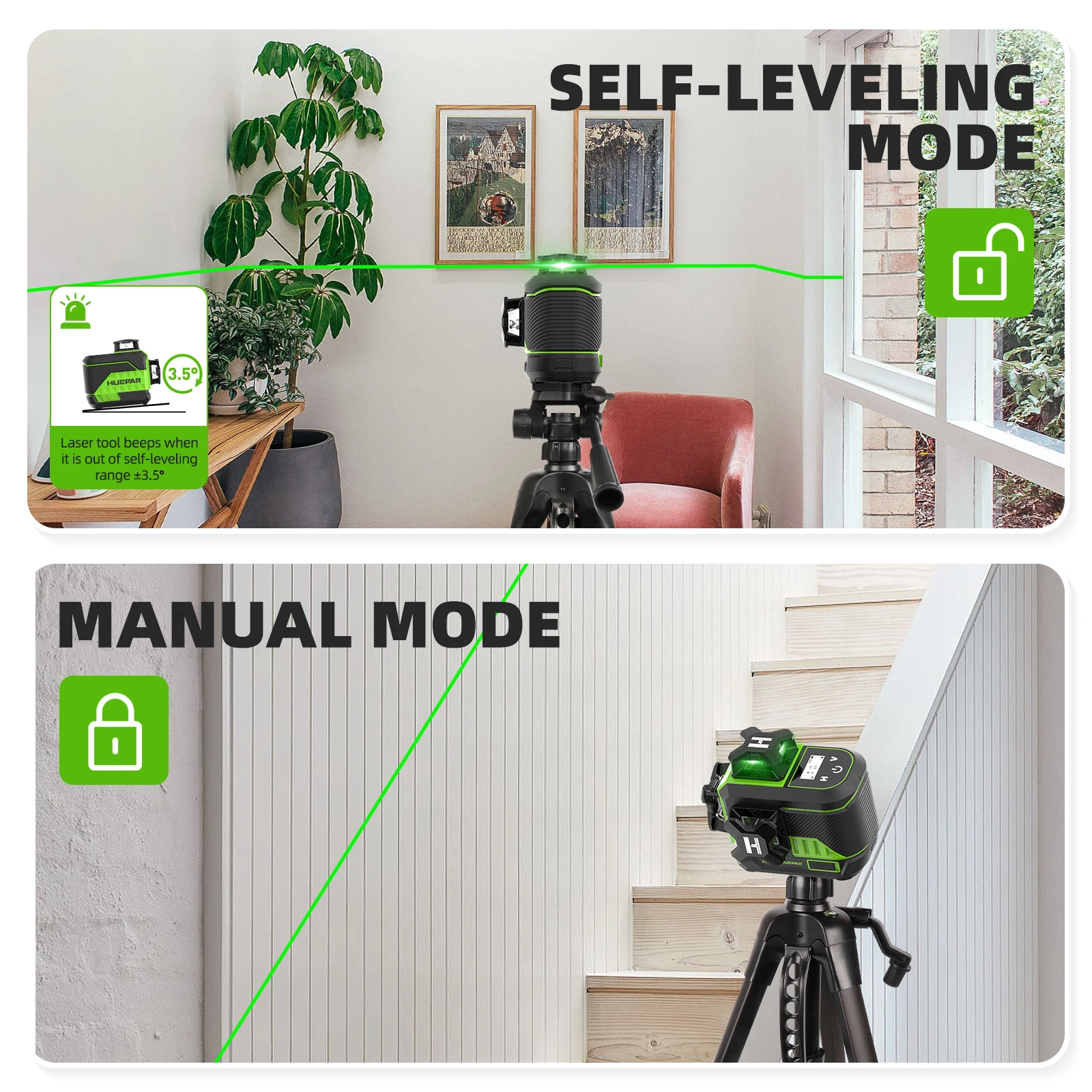 Huepar 12-линейный лазерный уровень с зеленым лучом самовыравнивающийся набор