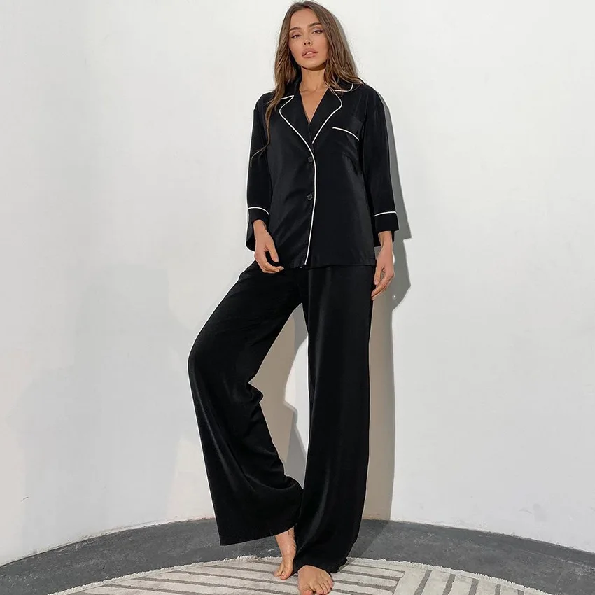 Luxury Black Color Satin Pyjamas Set Women's Sleepwear Homewear Long Sleeve Two Pieces Pajamas Night Wear Set For Winter Autumn