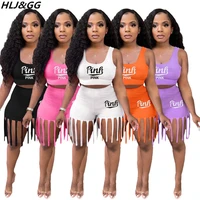 hljgg fashion tassel design two piece sets women pink letter print sleeveless crop top and shorts tracksuit casual 2pcs outfits