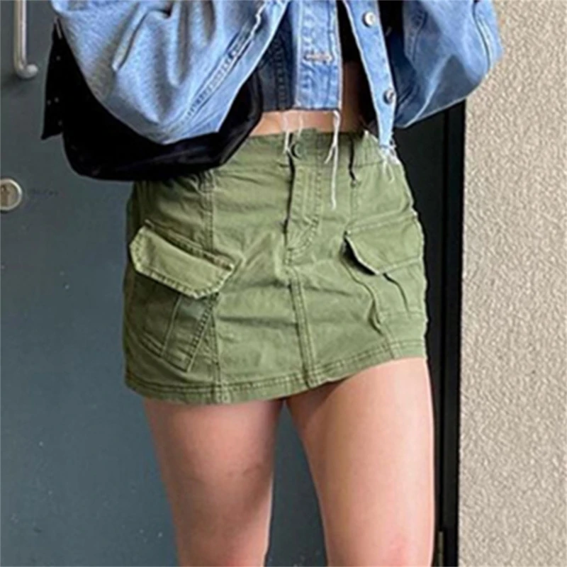 

Solid Pocket Short Skirt Summer Fashion-Street Low Waist Bottom Wearing Super Short Stitching Button Skirts for Women