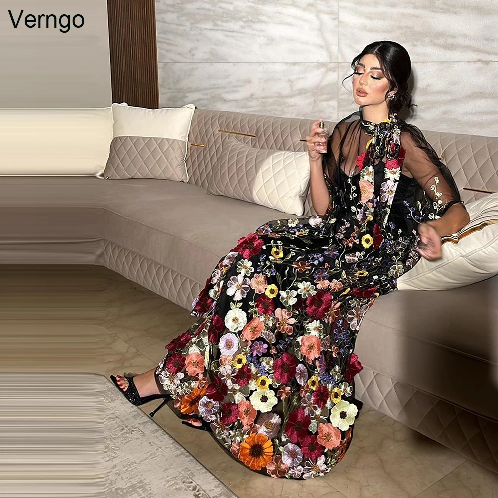 

Черные вечерние платья Verngo в стиле Саудовской Аравии с цветочным принтом, вечернее платье с рукавом до локтя для девочек на день рождения, платье длиной до щиколотки для особых случаев