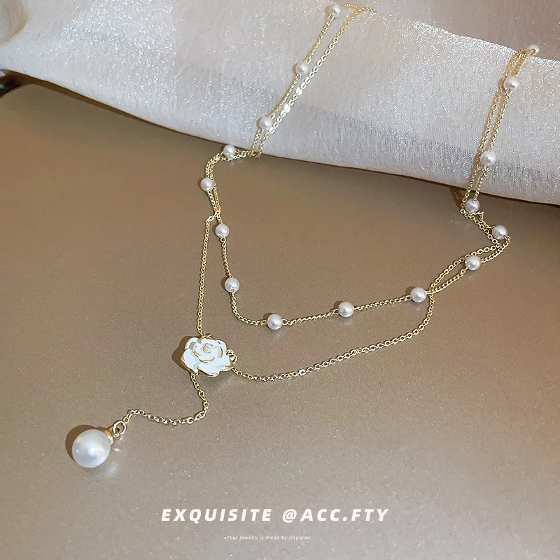 

Double Layer Twin Camellia Flower Pearl Necklace South Korea Clavicle Chain Necklace Women