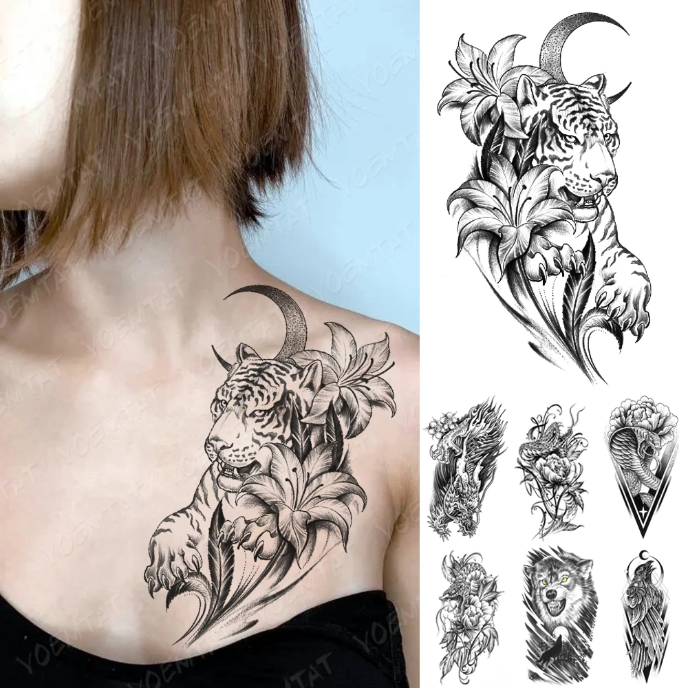 

Adult Waterproof Temporary Tattoo Sticker Tiger Wolf Lion Lily Moon Dragon Eagle Tatoo Arm Sleeve Men Women Fake Tatto Body Art