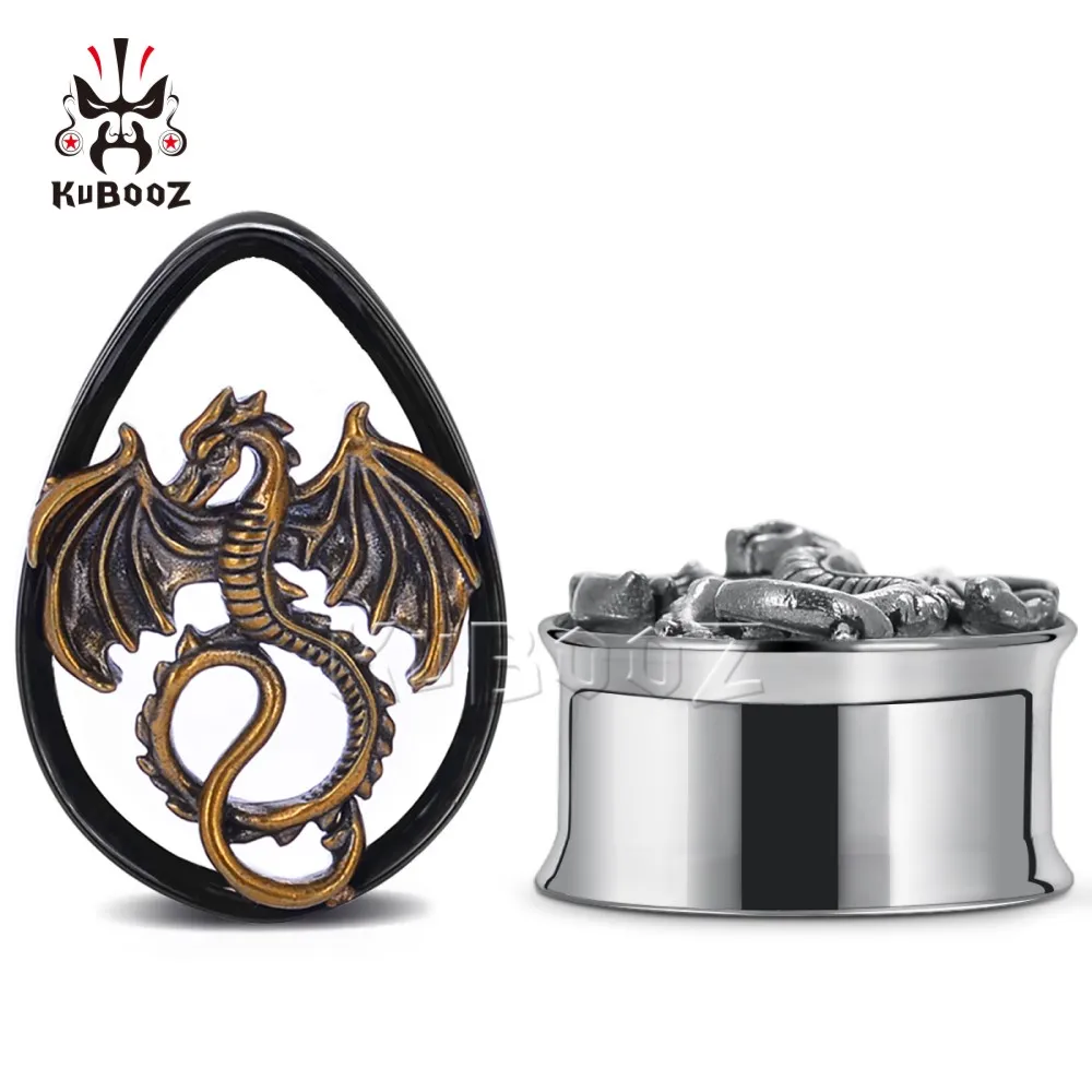 

KUBOOZ Trendy Stainless Steel Fiery Dragon Ear Tunnels Plugs Expander Earrings Gauges Body Jewelry Piercing Stretchers 2PCS