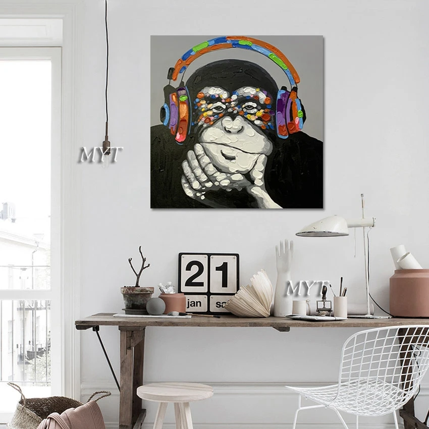 

Abstract Animal Oil Paintings Art Canvas Outdoor Wall Picture Decoration Unframed Cute Orangutan With Headphones Hand-painted