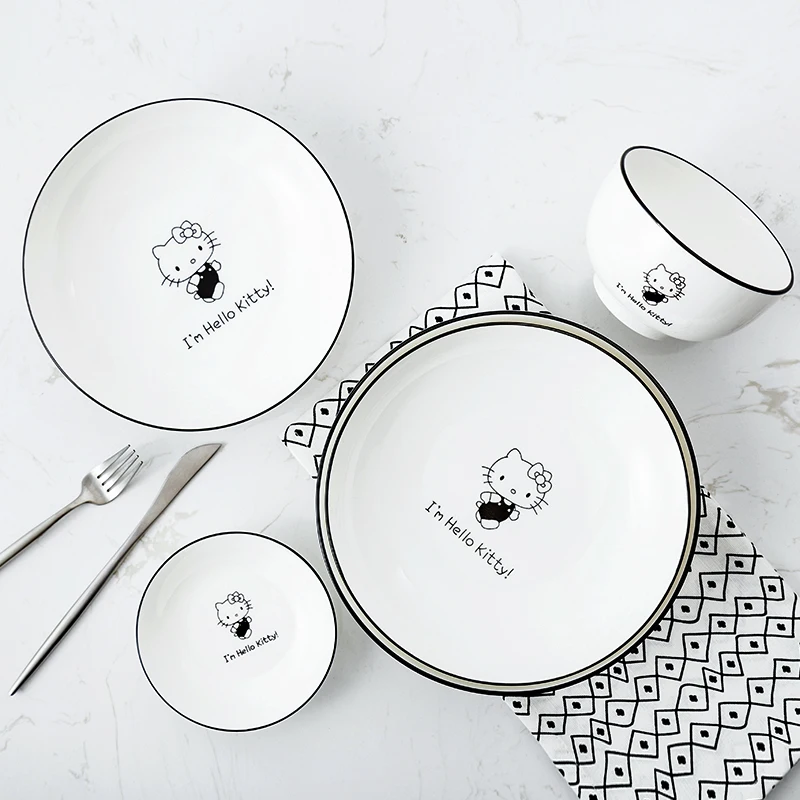 

Kawaii Sanriod аниме периферическая мультяшная Милая Kitty белая керамическая посуда тарелка миска для лапши быстрого приготовления подарок на ден...