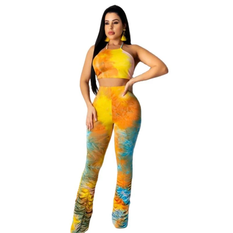 

Summer 2022 Women's Suit Fashion Sexy Backless Print Tie-Dye Ruched Pants Leg Ladies Tank Top Pants Sports Two-piece Set SJ422