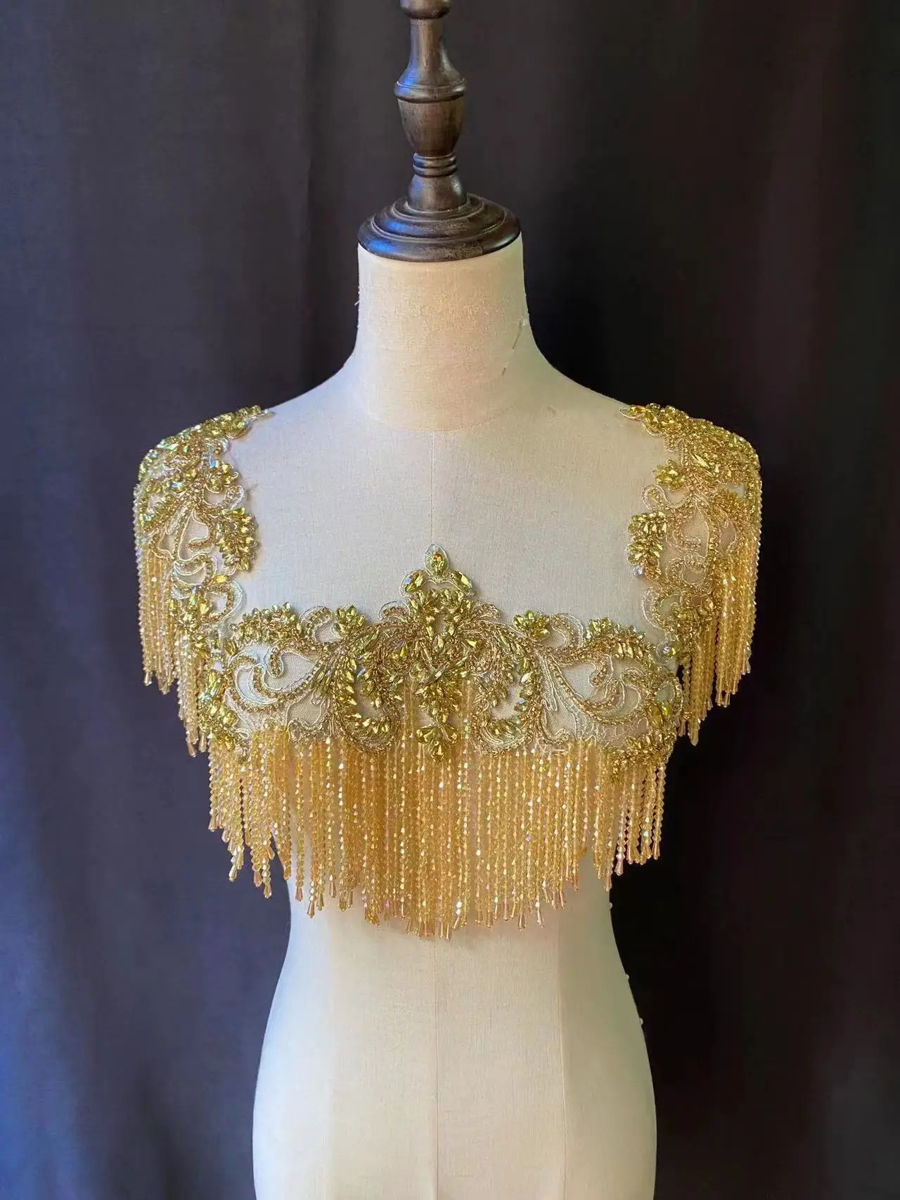 

Luxurious Gold Heavy Rhinestone Fringe Applique Crystal Diamond Beaded Chain Patch for Bridal Cape,Bling Necklace,Sash Sew on
