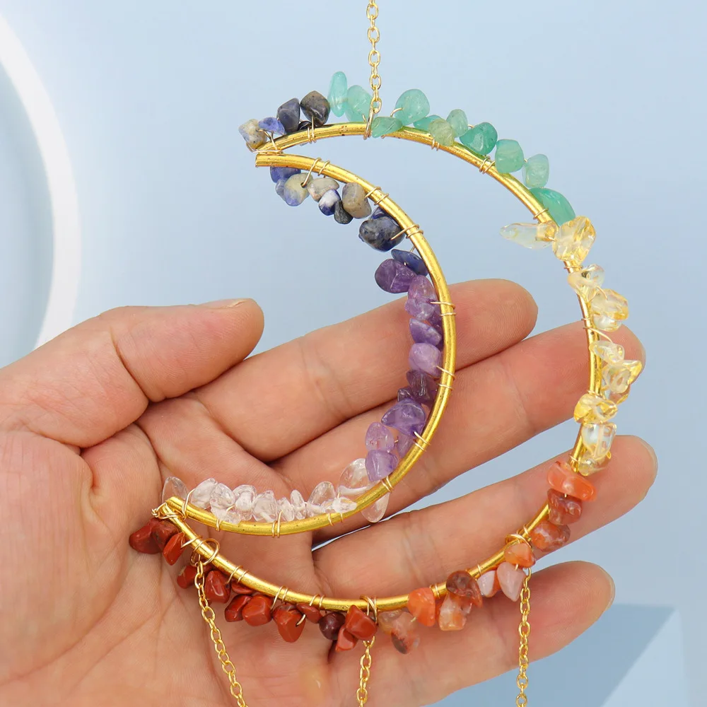 Handmade Natural Reiki Ore Amethyst Gravel Moon Sun Catcher With Glass Crystal Drop Pendant Christmas Gift Wind Chimes Hanging